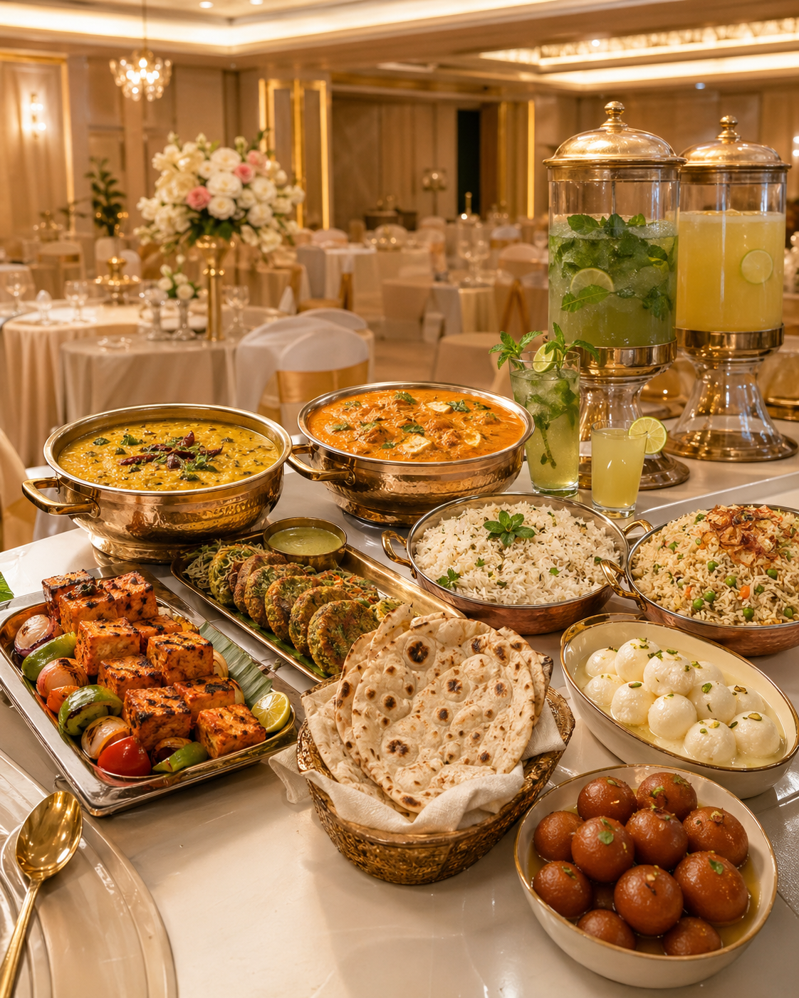 Essential banquet spread — pure-vegetarian buffet with classic North and South Indian dishes