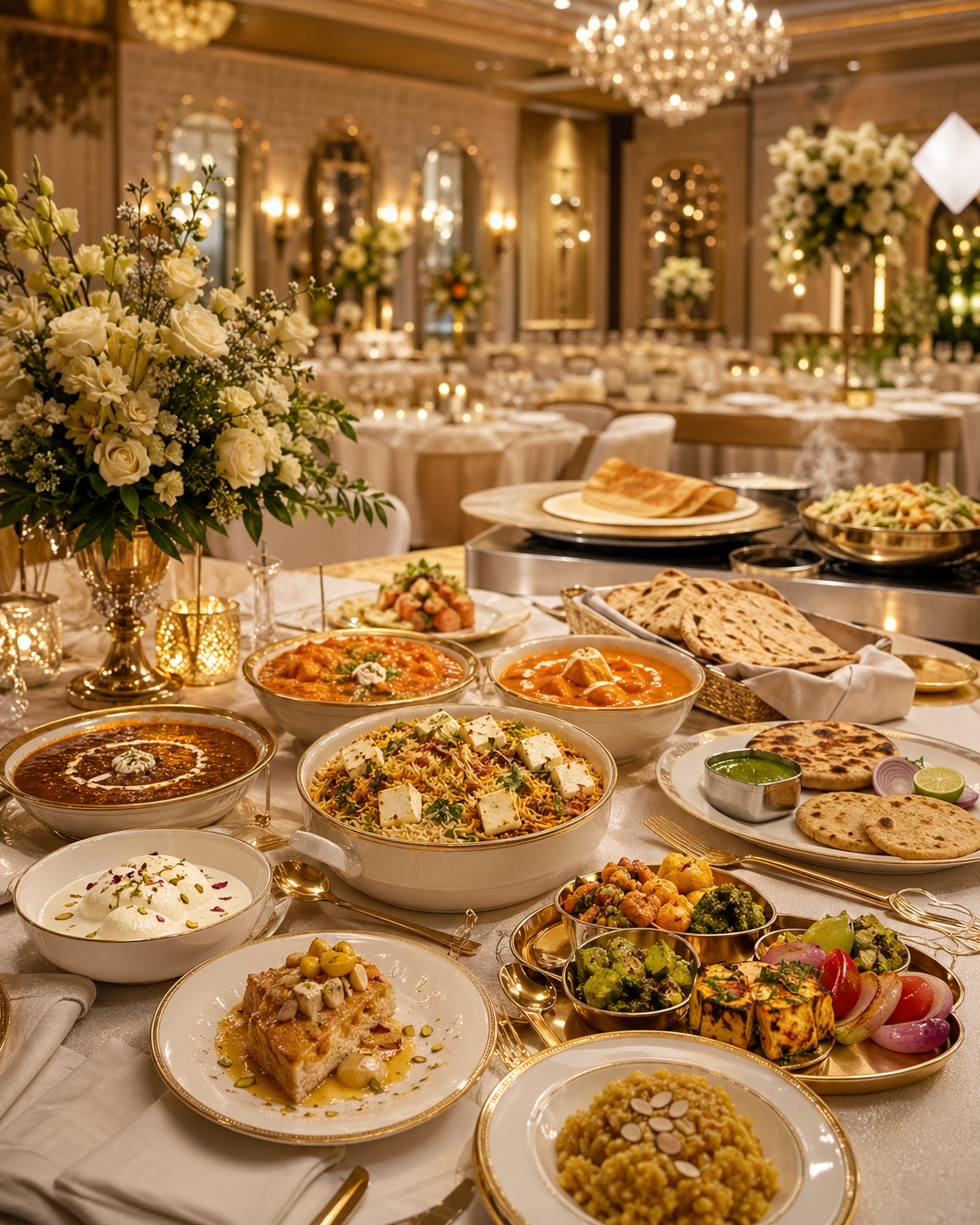 Premium banquet spread — white-glove plated vegetarian service with floral table dressing