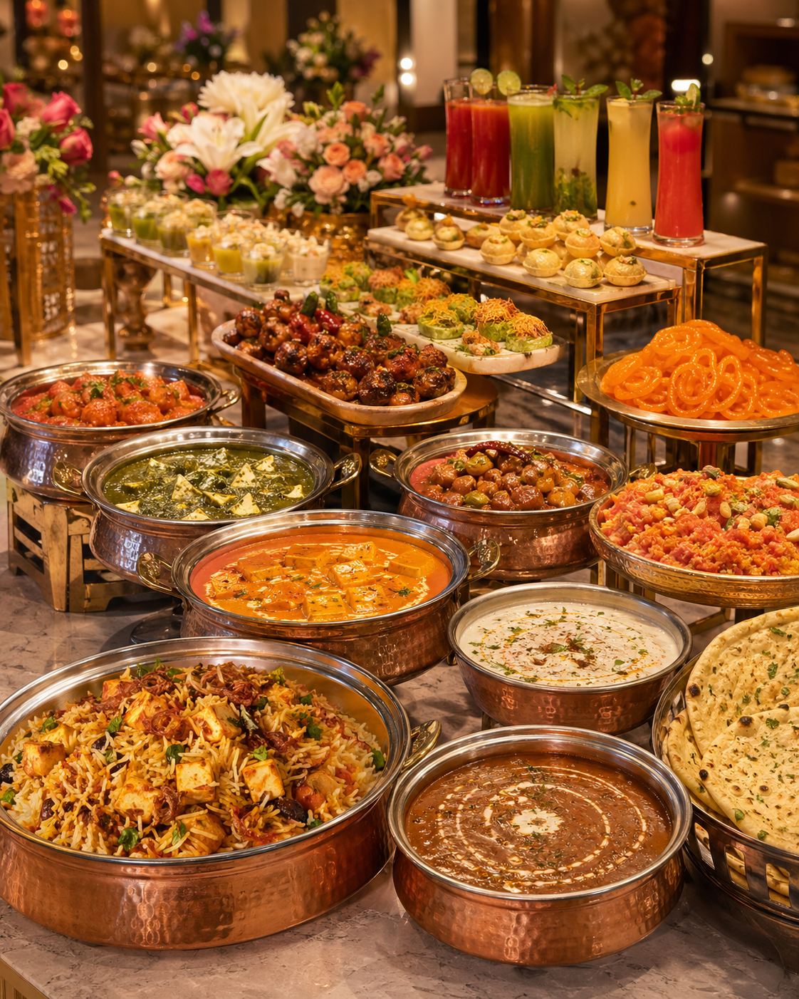 Signature banquet spread — multi-course vegetarian table with live counters and curated desserts